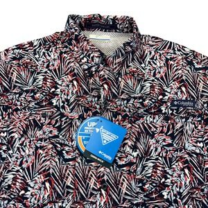 Columbia Super Tamiami Shirt Mens Small Blue Red Tropical PFG‎ Fishing UPF 40
